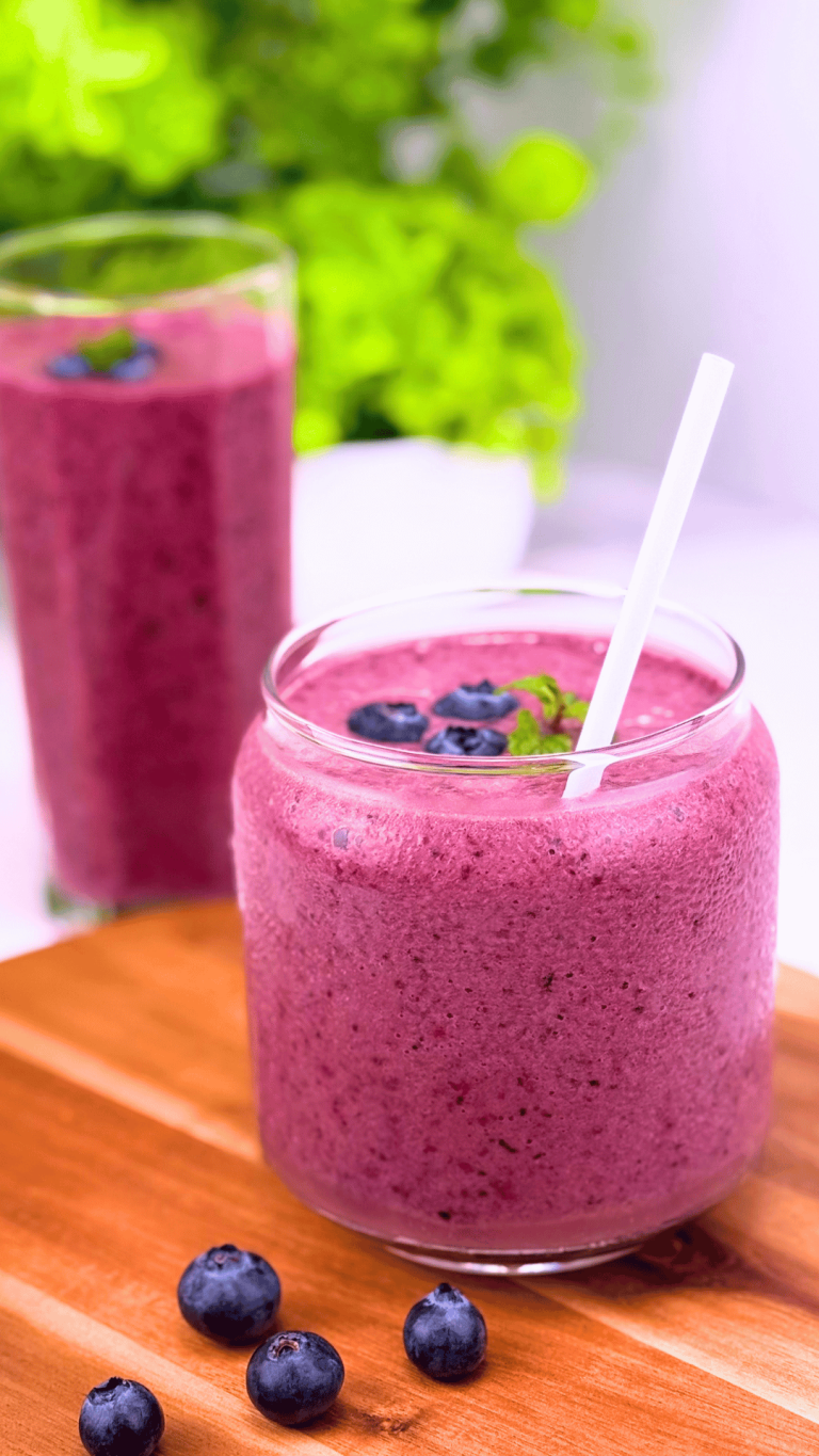 Blueberry basil smoothie in a glass