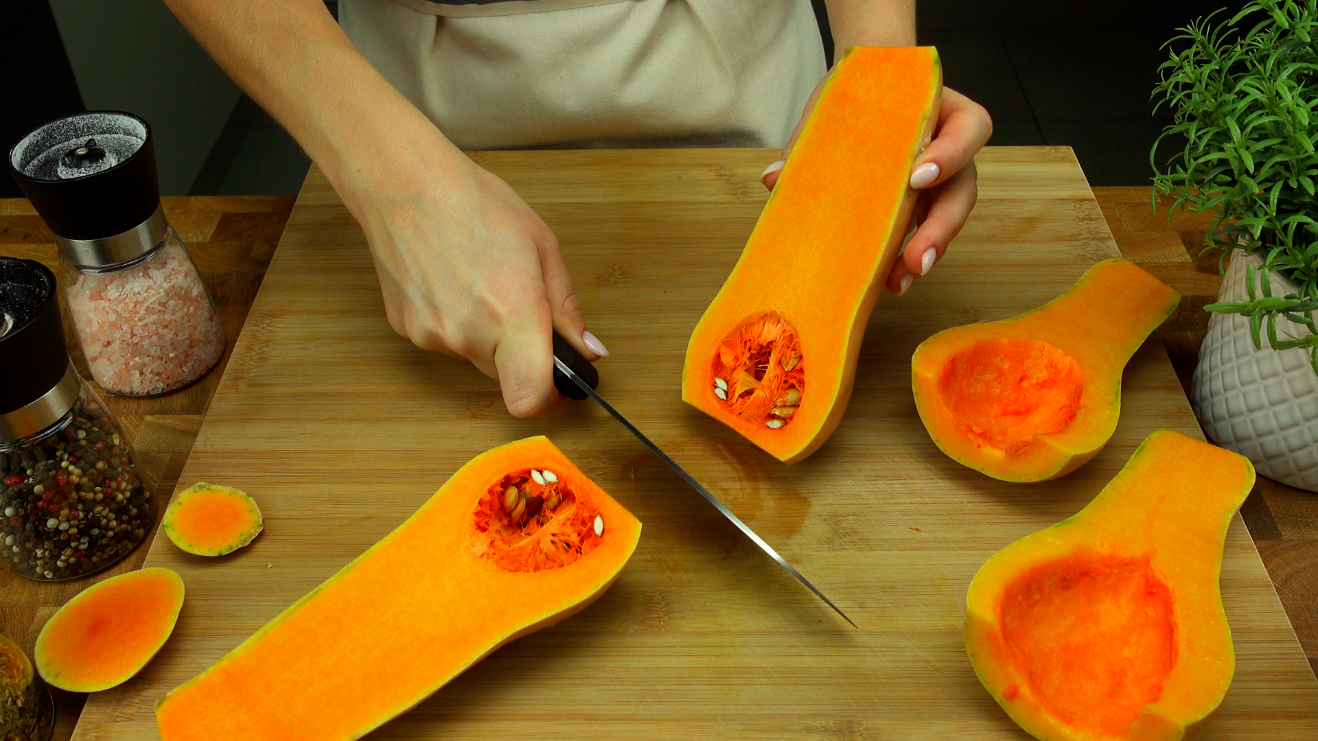 Cutting butternut squash into halves