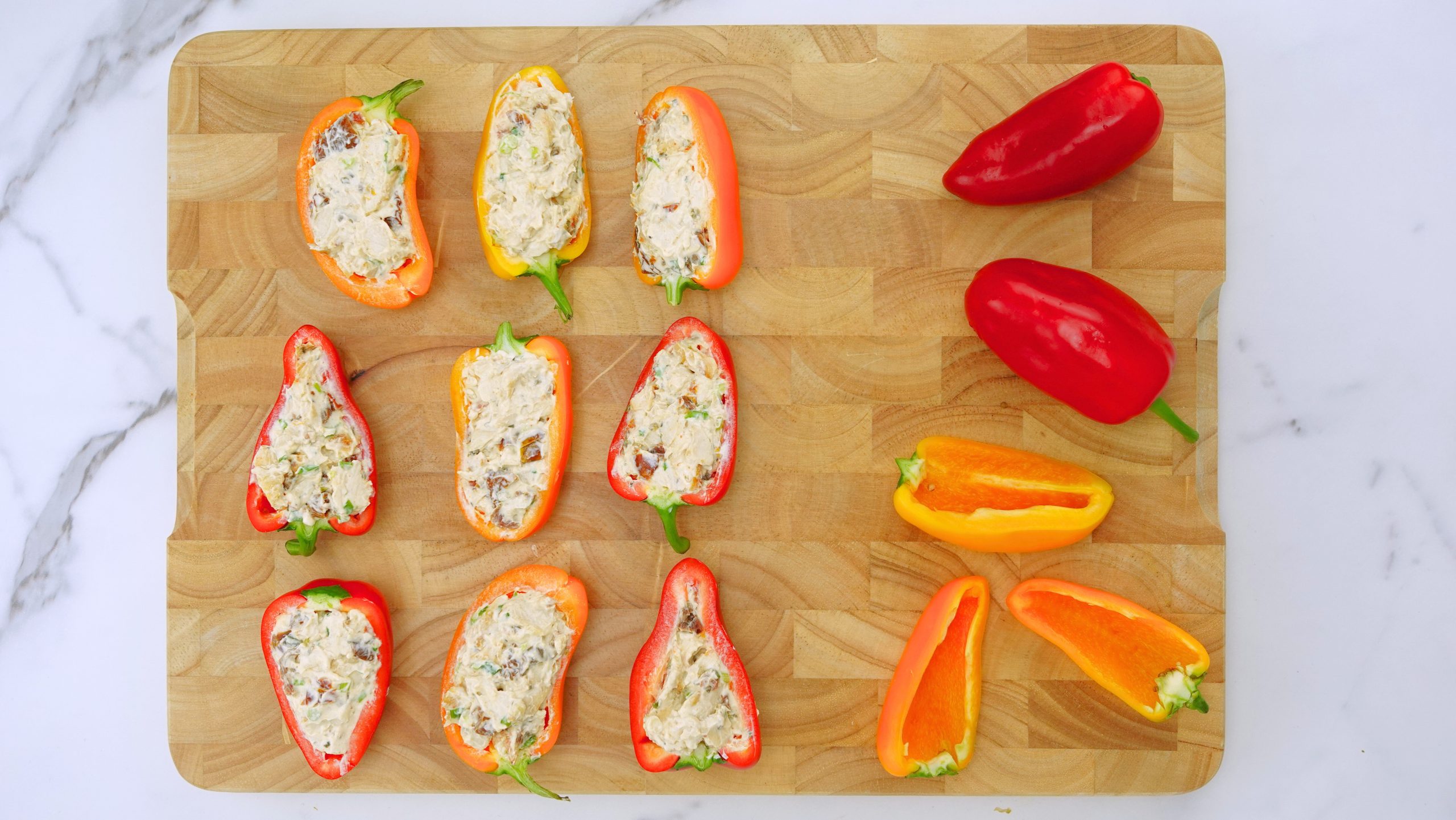 Stuffing Smoky ranch chicken bites on a wooden surface