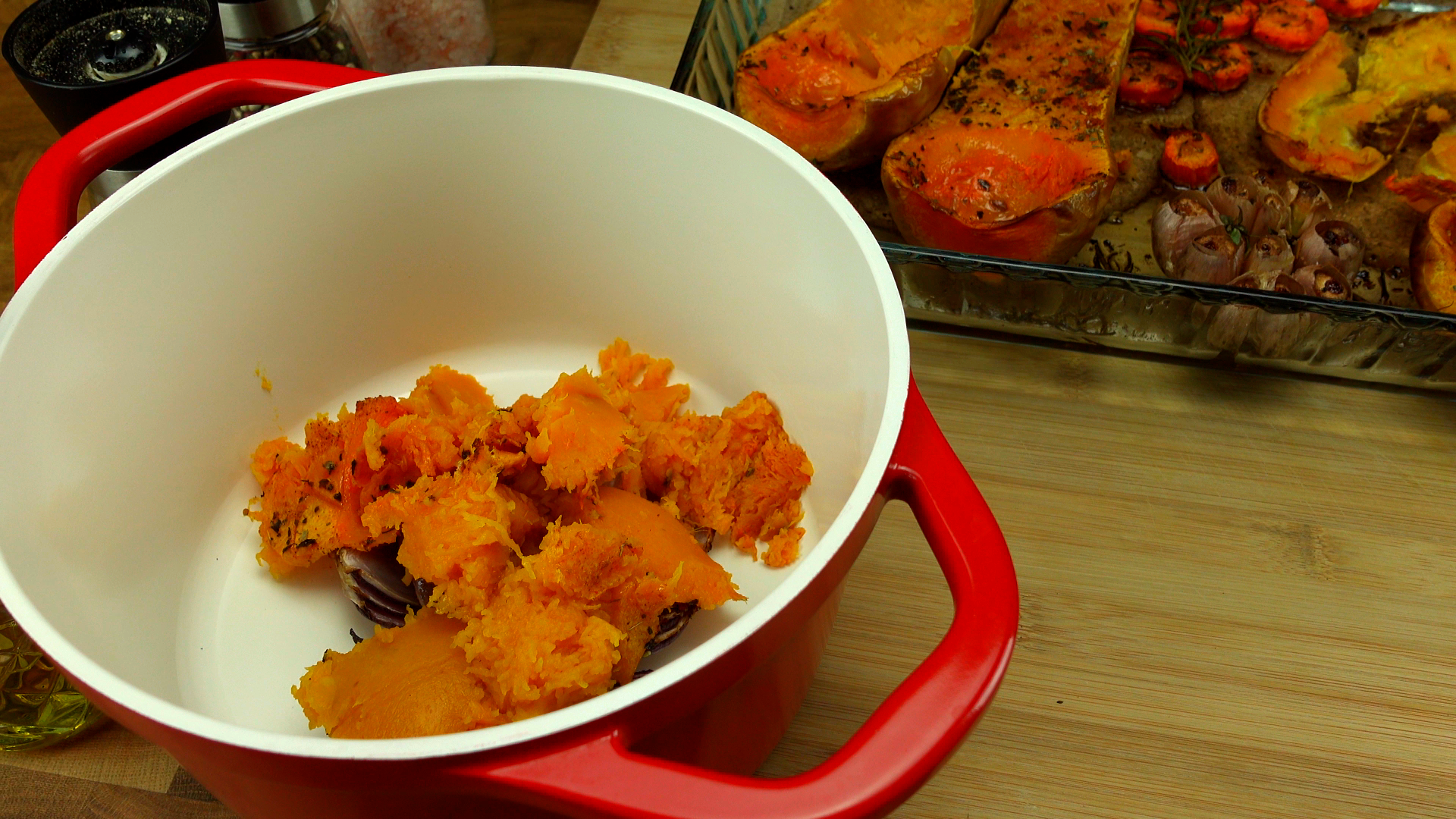 Butternut squash puree in the cooking pot.