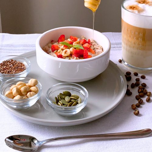 Tropical coconut overnight oats with fresh fruit topping.