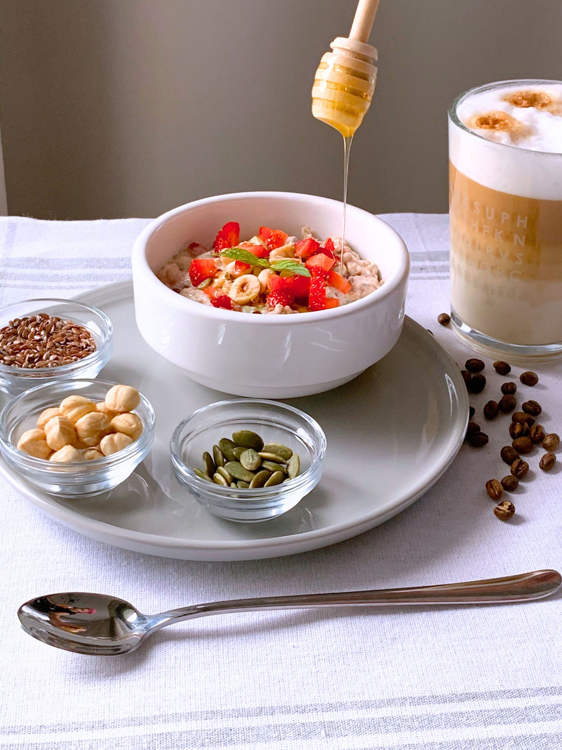 Tropical coconut overnight oats with fresh fruit topping.